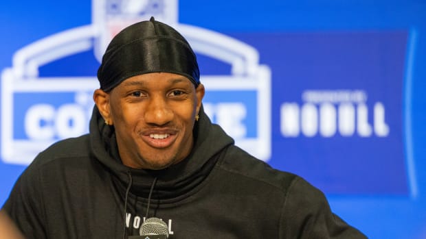 Mar 1, 2024; Indianapolis, IN, USA; Washington quarterback Michael Penix (QB08) talks to the media during the 2024 NFL Combine at Lucas Oil Stadium. Mandatory Credit: Trevor Ruszkowski-USA TODAY Sports